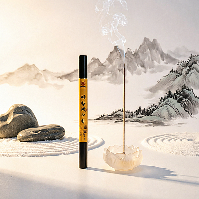 将背景替换为古风简约新中式禅意背景，保留原产品香管与琉璃香座完整不变，画面雅致静谧，暖调柔和光影