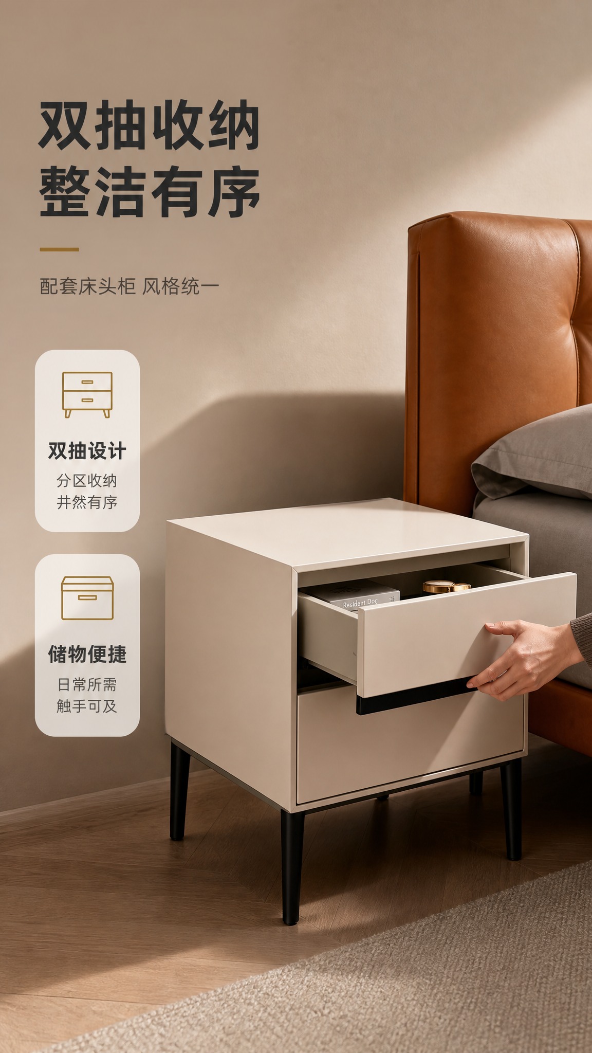[商品] 使用【图1】米白色双抽床头柜；保留米白柜体、黑色细脚… - 图片创意预览