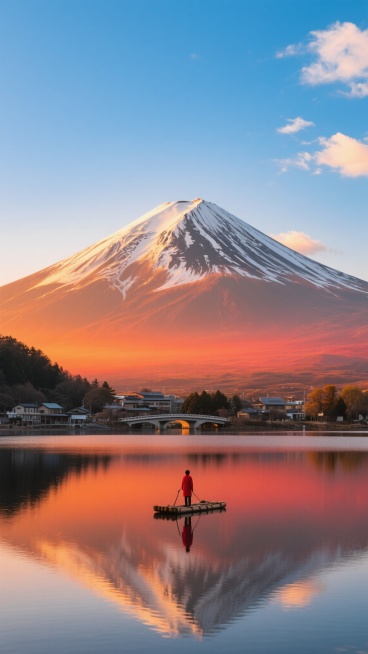 日本风景摄影，富士山全景，山顶覆盖皑皑白雪，山腰被清晨或黄昏的金色阳光照耀，山脚环绕着橙色与红色渐变的霞光，山脚下有平静的湖泊，湖面如镜倒映着富士山与天空的色彩，湖中有一座小桥横跨，湖边有一位穿红色衣服的人站在简易木筏上，远处有低矮的建筑和树木，天空湛蓝，飘着几朵白云，高清画质，专业级风光摄影，大师级构图，光影层次感强，色彩鲜艳和谐，宁静悠远的氛围，无LOGO，无文字信息。预览效果