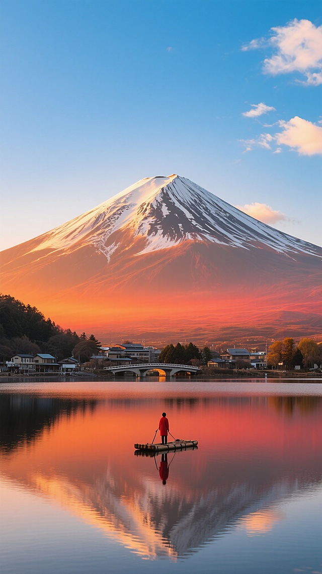 日本风景摄影，富士山全景，山顶覆盖皑皑白雪，山腰被清晨或黄昏的金色阳光照耀，山脚环绕着橙色与红色渐变的霞光，山脚下有平静的湖泊，湖面如镜倒映着富士山与天空的色彩，湖中有一座小桥横跨，湖边有一位穿红色衣服的人站在简易木筏上，远处有低矮的建筑和树木，天空湛蓝，飘着几朵白云，高清画质，专业级风光摄影，大师级构图，光影层次感强，色彩鲜艳和谐，宁静悠远的氛围，无LOGO，无文字信息。