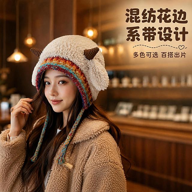 在这张小羊角毛绒护耳帽45度侧面上头图上添加卖点文案，保持人物和帽子完全不变。右上负空间右对齐排版，不遮挡人脸和帽子主体。主标题大字粗体写"混纺花边 系带设计"，下方小字辅助文案写"多色可选 百搭出片"。文字颜色为深棕色，字体圆润可爱，主标题字号大，辅助文案字号约为一半大小，整体风格温暖治愈。保持画面其他元素、光影、背景完全不变。1:1比例，文字清晰锐利。