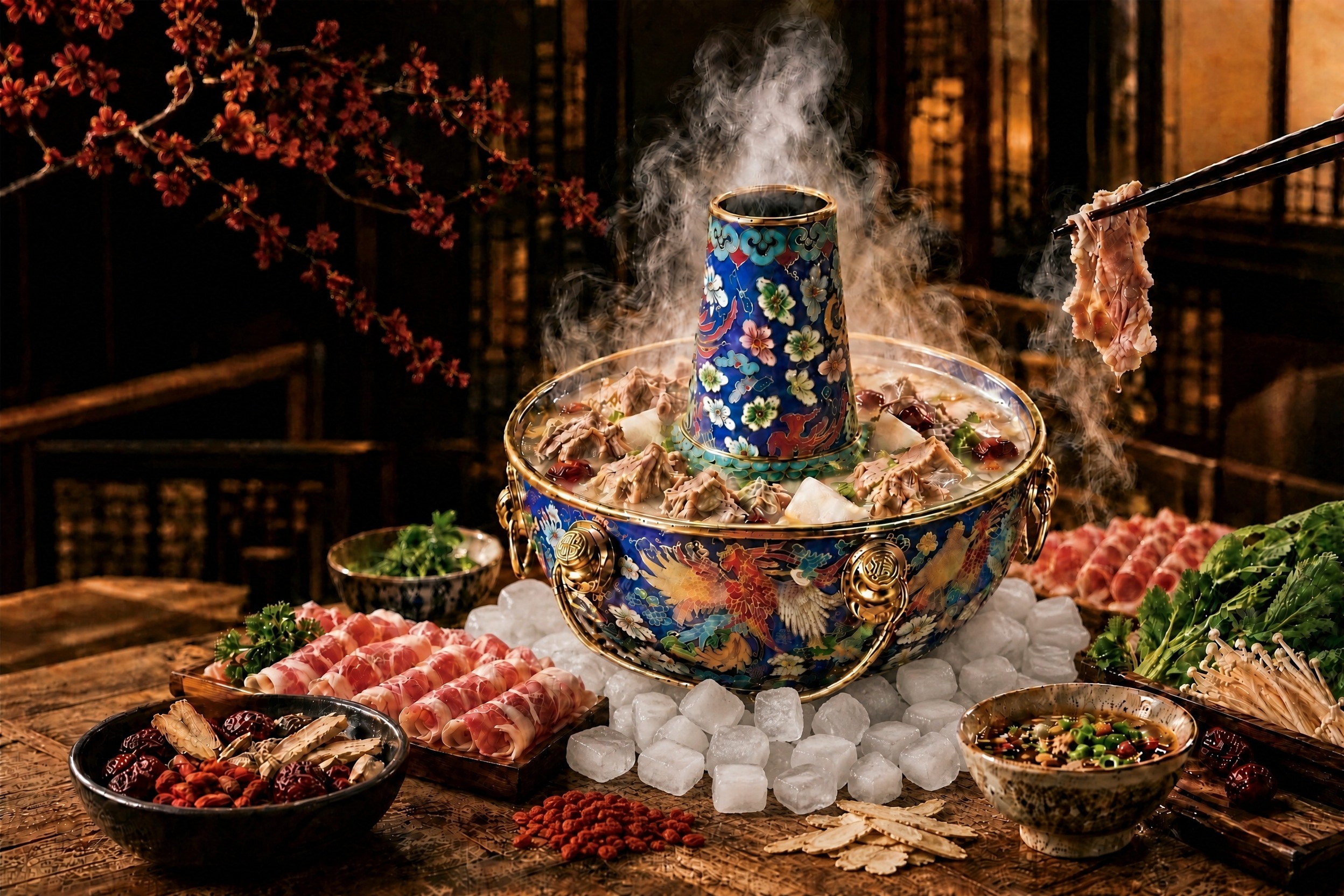 将火锅底部的方形冰块调整为更凌乱随意的摆放状态，冰块颜色改为偏… - 图片创意预览