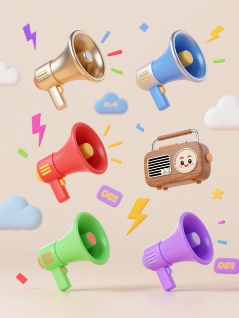 3D立体风格促销海报，六个不同配色（金色、银色、蓝色、红色、绿色、紫色）、不同样式（复古经典款、现代简约款、未来科技款、可爱卡通款、复古收音机造型款、时尚流线型款）、不同材质（金属光泽、磨砂质感、光滑塑料、木质纹理、玻璃透明感、哑光橡胶）的「喇叭」造型，浅色背景，上下两行各三个喇叭整齐对齐排列，每个喇叭周围点缀彩色闪电、云朵等促销氛围装饰元素，整体构图平衡，视觉层级清晰，充满欢快明亮的促销氛围……预览效果