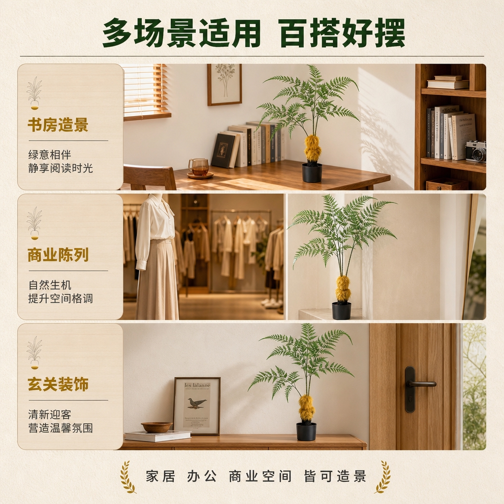 [主图-3] 多场景搭配图，展示仿真金毛狗蕨在不同空间的适配效… - 图片创意预览