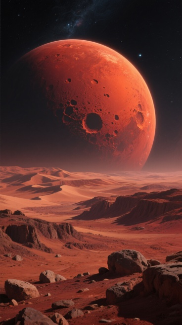 一幅超写实风格的火星风景插画，以深邃的星空为背景，巨大的红色火星占据画面上方，表面布满陨石坑和纹理，散发着橙红色的光芒。下方是广袤的火星地表，沟壑纵横，起伏的沙丘和岩石地貌在侧光照射下呈现出强烈的明暗对比和丰富的层次感，近处散落着大小不一的岩石，整体色调以红棕色为主，营造出神秘而壮丽的外星荒漠氛围。预览效果