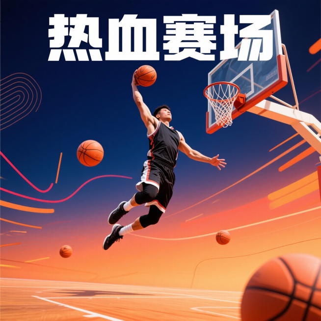 一张篮球运动海报，画面中心是一名正在跃起扣篮的篮球运动员，动作充满力量感和动感，背景是渐变的深蓝色和橙色，点缀着篮球和运动线条元素，上方有“热血赛场”四个大字，整体风格充满活力与激情预览效果