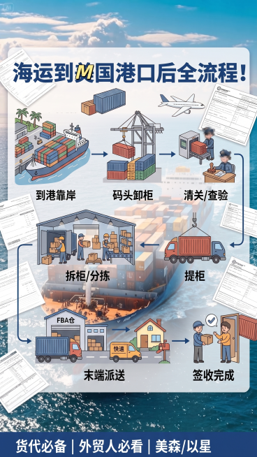 基于提供的海运流程图信息图，将原背景替换为提供的蓝色海洋货轮实景背景图，仅替换背景，保持流程图主体完整、比例、姿态、颜色和细节不变，背景光影、透视、景深需与主体匹配，禁止主体缺边、多抠、边缘白/黑边、预览效果