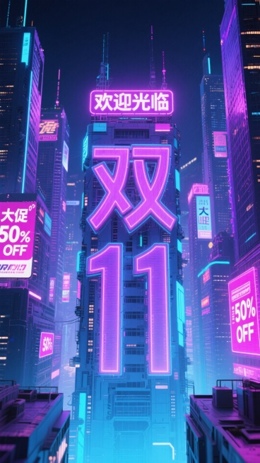 赛博朋克风格的未来城市夜景：发光的“双11”字形的机械大楼上方霓虹文字广告牌“欢迎光临”立在中间。高耸摩天楼布满密集，周围带有“大促”“50%OFF”等促销信息的霓虹招牌。紫、粉、蓝等鲜亮霓虹交织，搭预览效果