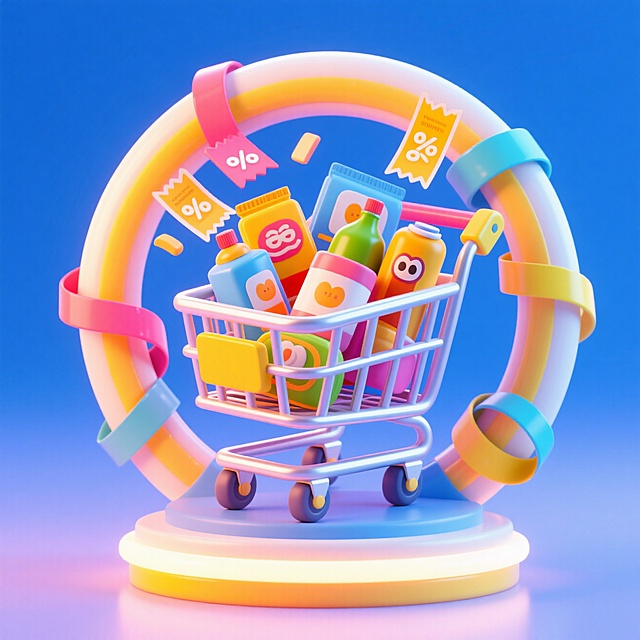 3D风购物车，拟人化商品，塑料质感，可爱卡通风格，节日促销氛围。
