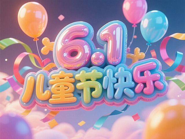 “6.1儿童节快乐”的充气大字，背景梦幻，有气球漂浮彩带