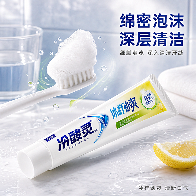 冷酸灵冰柠劲爽牙膏泡沫绵密展示主图。清新浴室风格，泡沫特写细腻质感。超高清商业摄影质感，光线柔和通透，细节清晰锐利。画面中心冷酸灵冰柠劲爽牙膏管斜放在白色大理石台面上，管口朝向斜上方，旁边是白色牙刷，刷毛上堆满了丰富绵密的白色泡沫，泡沫细腻有光泽，呈现出云朵般的质感。泡沫周围飘散着几颗晶莹水滴与柠檬香气的可视化气流。背景是浅蓝灰色瓷砖墙面，带有轻微水雾朦胧感，旁边有透明玻璃杯与折叠白毛巾。台面上散落几滴清水与一片柠檬切片。保持冷酸灵冰柠劲爽牙膏外观与输入产品图绝对一致，杜绝任何变形和色差，精细化处理。商品主体占比约百分之五十五，画面满屏无边框。左侧柔和柔光箱主光，照亮泡沫形成细腻的高光层次，突出泡沫的绵密质感。右侧补光提亮暗部，整体光线通透明亮，蓝白色调清爽干净，水滴有明显高光点。主色调为纯净白与清新蓝，辅色为柠檬黄点缀，整体干净清爽突出泡沫质地。微俯视角度，泡沫与牙刷为视觉焦点，背景墙面虚化，景深较浅，突出泡沫的细腻绵密质感。画面右上角主标题绵密泡沫 深层清洁，深蓝色粗体无衬线字体右对齐两行。主标题下方辅助文案细腻泡沫 深入清洁牙缝，浅灰色小字号。底部右侧文字冰柠劲爽 清新口气，深灰色细体。文字清晰可读，全部放在边角负空间，不遮挡泡沫特写与产品主体。