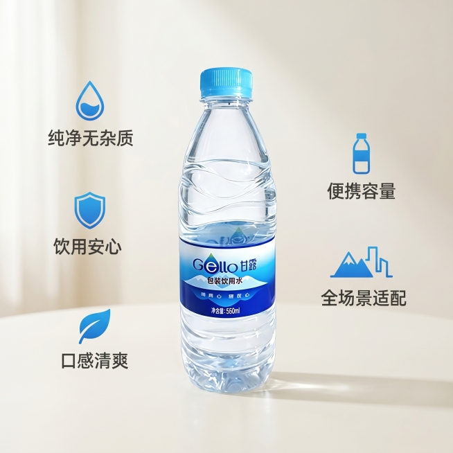 [主图-2] Gello甘露包装饮用水核心卖点展示。[氛围风格] 清新自然、干净通透，保持全套主图风格统一。[画质] 商业摄影质感、光线柔和通透、产品清晰真实、画面干净高级。[元素] 甘露饮用水单瓶放预览效果