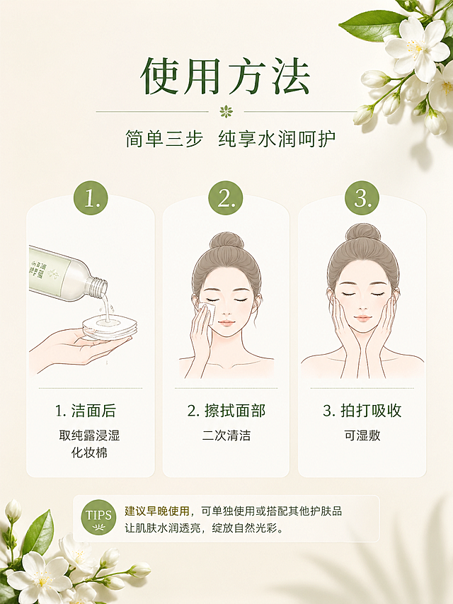 小花茉莉纯露详情页使用方法页，整体自然清新简约风格，浅米白背景，分三栏展示使用步骤：「1. 洁面后 取纯露浸湿化妆棉 ② 擦拭面部二次清洁 ③ 拍打吸收 可湿敷」，每个步骤搭配简单示意图，文字清晰排版舒服，比例3:4，超高清，负向提示词：变形，水印，文字错乱，背景杂乱