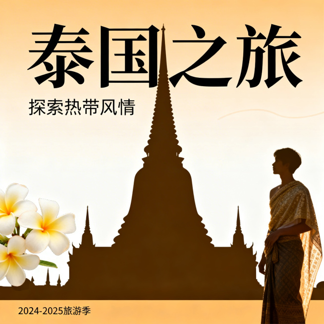 一张现代简约风格的泰国旅游宣传折页封面，带有泰国特色文化元素，整体色调温暖舒适，排版干净清晰，适合旅游手册使用预览效果