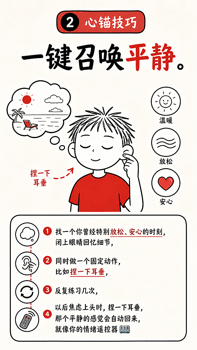 小红书竖版漫画，参考上传图片的男生简约简笔画风格，男生短发穿红色上衣，主题为2️⃣ 心锚技巧，文案：一键召唤平静，找一个你曾经特别放松、安心的时刻，闭上眼睛回忆细节，同时做一个固定动作，比如捏一下耳垂，反复练习几次，以后焦虑上头时，捏一下耳垂，那个平静的感觉会自动回来，就像你的情绪遥控器🎛️，男生演示捏耳垂动作，保持形象统一，画面简约干净，文字排版清晰