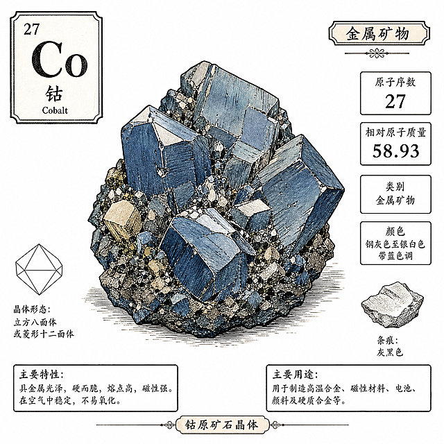 复古科学插画风格，手绘线稿淡彩平涂，黑色均匀轮廓线，带轻微手绘抖动，低饱和度平涂无强渐变，老式印刷薄涂效果，主体为钴Co原矿石晶体，标注原子序数27、相对原子质量58.93、金属矿物，纯白色背景，和之前锂铜铝金稀土风格保持一致，细节饱满复古科普质感