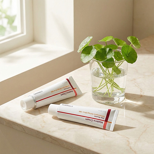 根据图中产品再结合一下提示词生成八张不一样的产品图- 专业院线风：产品置于浅灰色医美级背景上，管身倾斜45°，突出“Dermatological Heritage Since 1968”字样，冷调柔和光线，营造专业、安心的护肤氛围。右侧排列三枚认证徽章，整体构图简洁有力，突出医学护肤与抗衰修护卖点。       2. 氛围感场景图（社交种草+代入感）   - 夜间修护场景：Centellian24抗衰面霜放在木质床头柜上，旁边搭配同品牌精华、香薰蜡烛与暖黄小夜灯。手取面霜轻抹在手背，柔焦暖光营造治愈氛围，突出夜间抗衰修护的仪式感。背景点缀积雪草叶片（呼应成分），强化产品天然修护力。 - 极简ins风护肤台：白色软管面霜置于米白色大理石台面上，搭配透明玻璃杯与新鲜积雪草，自然光柔和洒落，整体色调干净柔和。管身红橙线条成为视觉亮点，突出产品温和抗衰、适合敏感肌的特点，画面松弛治愈。       3. 成分与质地图（放大核心卖点）   - 质地特写：白色软管挤出绵密乳霜质地，指尖推开后呈现水润光泽，柔光捕捉细腻肌理，背景为纯净浅灰。特写积雪草叶片与面霜同框，突出产品修护抗衰的核心成分，画面干净有说服力。 - 成分可视化：面霜质地特写，周围环绕半透明积雪草活性分子特效，冷光背景下凸显成分活性与修护力。软管包装一角入镜，强化品牌识别，适合突出科技抗衰的内容场景。