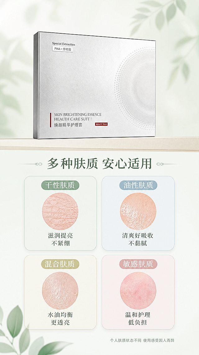 [第6张] 肤质适用分格-多种肤质适配说明。本张使用【图2】产品外盒作为主体，保持包装外观与文字完全一致。
[氛围/风格] 清新护肤科普风，四格肤质卡片，温和专业，信息直观，商业设计质感。
[元素布局] 画面上方为产品外盒横放展示，占比约30%，置于浅米色台面上；下方为2x2四格肤质适配卡片，每格配不同肤质的肌肤纹理微距示意图标；背景为淡绿白渐变，有淡淡的植物叶片纹理点缀；四周有柔和的光晕过渡。
[光影质感] 上方产品区前侧主光照明，盒身有自然高光；下方卡片区均匀柔光，整体光线明亮温和，传递安心感。
[配色色系] 全局底色 #F0F7F2 淡绿白渐变；主色薄荷绿 #D4E8DD、米白 #F5F0E8；辅助色浅粉 #F2D9D9、浅蓝 #D6E5F0；文字深灰绿 #4A6658。
[视角构图] 上下结构，上产品下四格卡片；阅读动线为顶部产品 → 标题 → 四格肤质卡片；产品45度斜侧角度。
[文字版式] 产品下方主标题「多种肤质 安心适用」，居中；四格卡片分别为：「干性肤质 滋润提亮不紧绷」「油性肤质 清爽好吸收不黏腻」「混合肤质 水油均衡更透亮」「敏感肤质 温和护理低负担」；每格卡片顶部有肤质名称标签，底部有1-2行适用理由说明；右下角小字标注「个人肤质状态不同 使用感受因人而异」；所有文字清晰易读。
[比例分辨率] 9:16 竖版比例，4K分辨率，文字清晰可辨，高清画质。
[负向提示词] 产品变形，包装文字错误，黑金风格，水印，文字过小，医疗承诺，人物出现