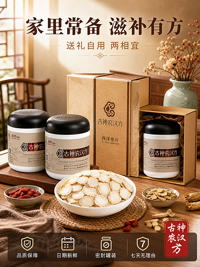 [第11张] 收尾转化页-家庭常备品质好参囤货礼赠。本张使用【图1（罐子）】和【图2（参片）】作为商品主体。
[氛围/风格] 温馨国风家庭场景，米棕金配色，温暖收束感，商业摄影质感。
[元素布局] 画面中央：两罐西洋参片并排摆放，一正一侧，旁边一个精美国风礼盒（米金色烫金设计），礼盒半开露出里面的参片罐；前方白瓷碗中堆满参片，旁边放着枸杞、黄芪等滋补配料小碟；背景为温馨的中式家居餐厅一角，木质餐桌、青瓷花瓶、干花束，营造家庭常备和送礼氛围。**保持罐子和参片外观与输入图一致**。产品+礼盒主体占画面约60%。
[光影质感] 暖黄色自然光从侧上方打来，礼盒烫金有光泽，参片切面清晰，整体温暖有归属感，暗部有层次，通透柔和。
[配色色系] 全局底色 #B8956E 暖棕；主色暖棕+古铜金；辅助色米白、乳黄；点缀色朱红（礼盒装饰）。
[视角构图] 45度俯视，双罐+礼盒为视觉中心；前中后景分层，景深中等，生活场景感强。
[文字版式] 顶部居中大标题「家里常备 滋补有方」深棕色粗宋体大号；副标题「送礼自用 两相宜」古铜金色细黑体约半高。底部通栏深棕半透明蒙层，横向排列四个服务承诺图标+白字：「品质保障」「日期新鲜」「密封罐装」「七天无理由」。右下角朱红印章「古神农汉方」白字。
[比例分辨率] 3:4竖版比例，4K分辨率，文字清晰可辨，高清画质。
[负向提示词] 变形，水印，文字错乱，文字过小，包装文字错乱，产品图模糊，背景杂乱。