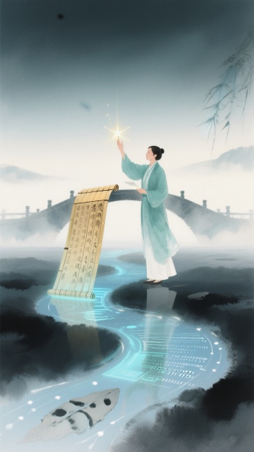 标题：教师节，副标题：文明星火的传递者。教师站在甲骨文与代码洪流交汇处，举手化桥连接古代竹简与全息显示屏。青圭色与量子蓝，微粒化动态效果预览效果