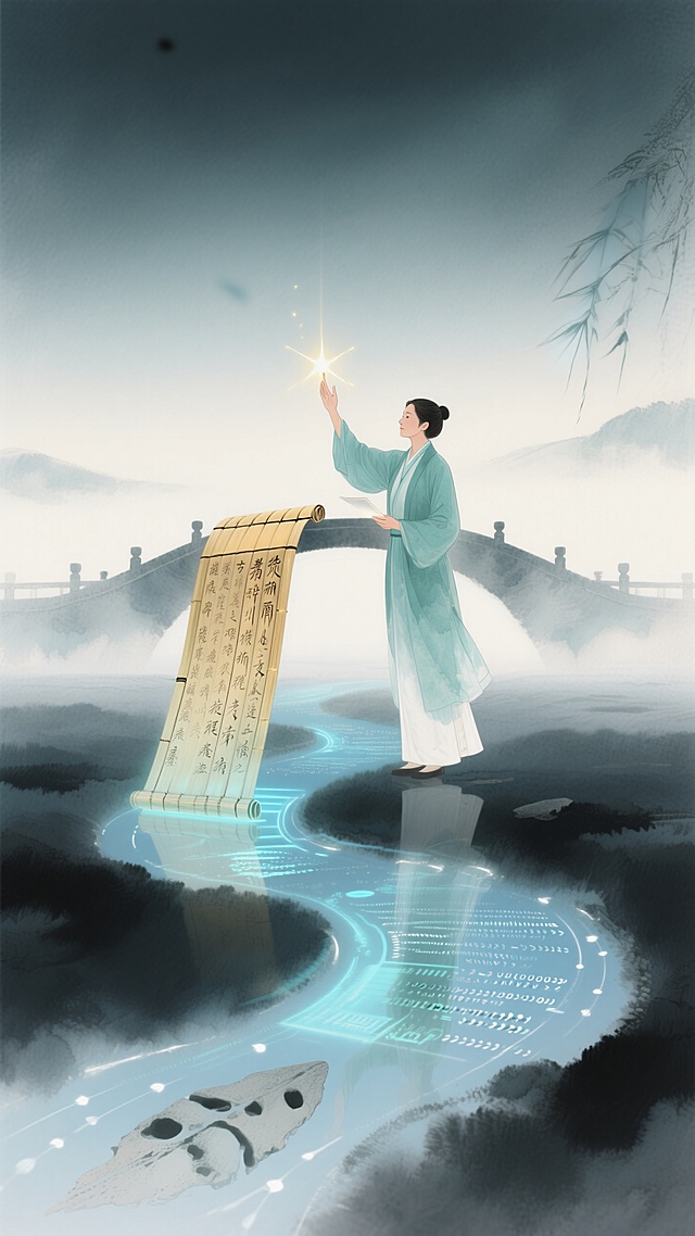 古典中式水墨风插画，虚拟现实与古卷结合，展现科技与传统文化的交融之美。