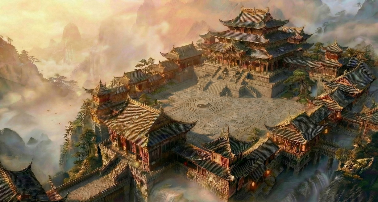 将图二中院子与地砖生成合理一些，调整透视,将楼梯结构生成准确，保留中心八卦图预览效果