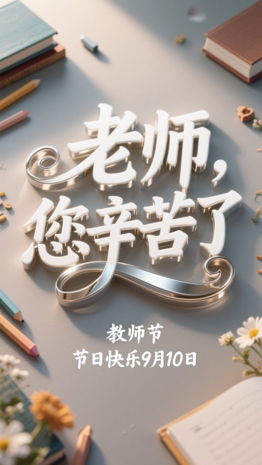 白色简洁大气的综艺体风格字体，“老师，您辛苦了” 为核心文字，搭配 “教师节 节日快乐9月10日” 辅助文字，字体带有流畅的曲线装饰  整体风格清新明快，适合节日氛围，背景为浅淡预览效果