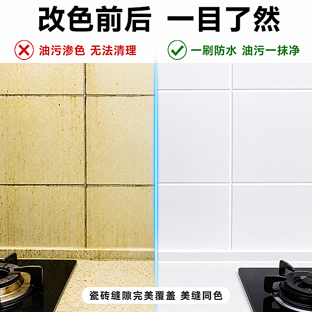 [主图-4] 对比图 瓷砖改色前后效果对比。
[氛围风格] 强烈视觉冲击力 左右分屏对比 真实厨卫场景
[画质] 商业摄影质感 光线明亮 对比强烈 画面干净高级 超高清细节
[元素] 画面左右分屏对比 左侧是油腻发黄的旧灶台墙或陈旧地砖 瓷砖缝隙发黑 有油污渗色 污渍明显 右侧是洁白如新的微水泥质感瓷砖改色效果 表面光滑亮洁 美缝完美覆盖 中间有明显分割线 特写瓷砖缝隙展示改色前后差异 画面满屏无边框
[光影] 左右两侧光线均匀明亮 左侧旧砖偏黄暗 右侧新砖明亮洁白 形成对比
[配色] 左侧黄旧脏色调 右侧洁白亮色调 中间分割线用浅蓝色强调
[视角构图] 正面平视 左右对称分屏 对比强烈 视觉冲击力强
[文字版式] 顶部大标题 改色前后 一目了然 黑色粗体大号字 左侧上方配红色叉号和文字 油污渗色 无法清理 红色字体 右侧上方配绿色对勾和文字 一刷防水 油污一抹净 绿色字体 底部中间小字 瓷砖缝隙完美覆盖 美缝同色 文字全部清晰可读
[输出要求] 1:1比例 文字清晰锐利 超高清商业摄影质感
[负向提示词] 变形 文字错乱 产品图模糊 背景杂乱 水印 电商平台Logo