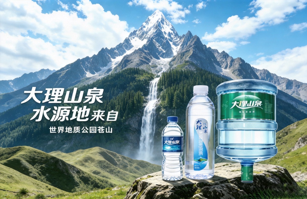 调整地形，让前景的群山变得低矮平缓，保留后方中央的山峰高耸入云，将水源修改为从高山上流下来的效果，保留原有产品和文字内容不变预览效果