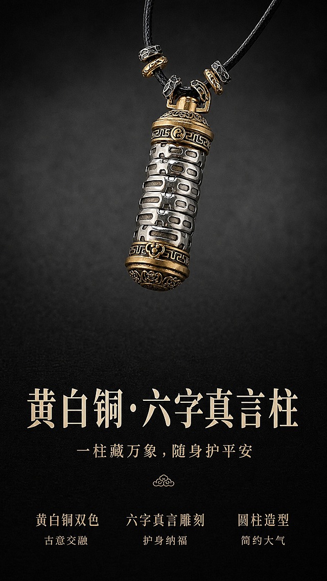 淘宝天猫详情页首屏海报，9:16竖版，深色中式简约高级风格，深灰黑色哑光背景，真实摄影质感，专业影棚布光。画面上半部分为黄铜白铜双色圆柱形吊坠悬浮展示，搭配黑色编织挂绳，金属质感强烈，雕刻纹路清晰。下半部分为产品名称和核心卖点文字区域，大字标题，副标题说明。整体极简高级，中式禅意，商业摄影质感，无包装盒，无送礼元素。