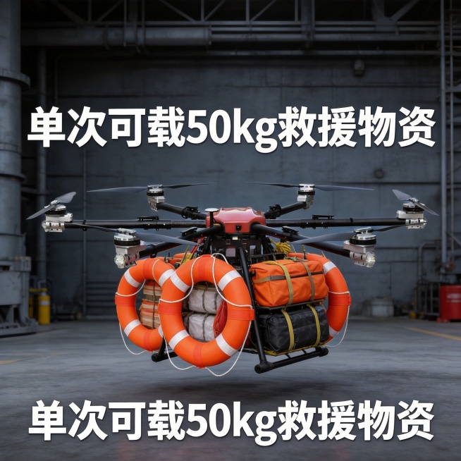 消防救援无人机卖点详情图，展示“大载重能力”核心卖点，画面呈现无人机挂载多个救生圈和救援物资的场景，配文字“单次可载50kg救援物资”，用深灰色工业风背景，突出承载能力预览效果