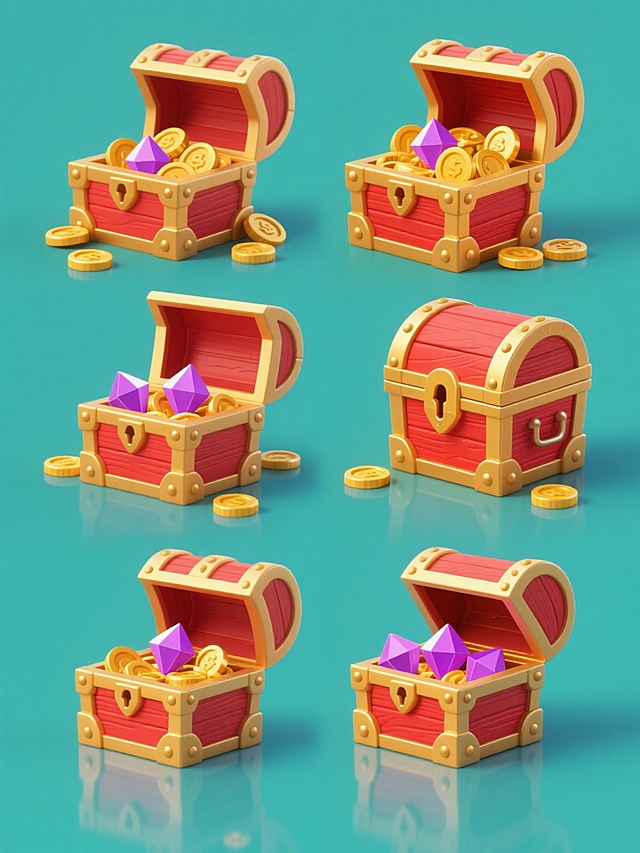 一套6张系列素材集合，每张素材均为规整排布的单一宝箱元素图案，保持现代简约的卡通游戏风格，整体造型简约现代，采用纯色背景，无任何文字、logo及水印。宝箱主体为红色木质箱体搭配金色金属边框和铆钉装饰，内部及周围散落着金黄色金币和紫色菱形宝石，具有明亮的高光、清晰的边缘轮廓和微妙的阴影效果，呈现出打开状态，箱盖向上翻起，宝石与金币从箱内溢出，底部有清晰的倒影。