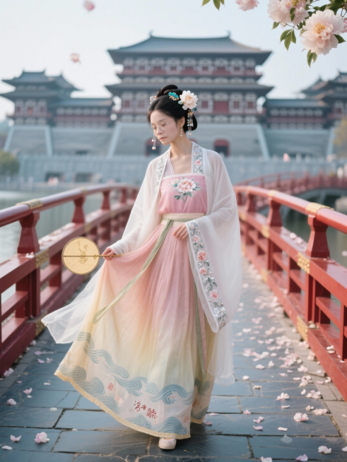 暮春三月，洛阳王城公园的千株魏紫姚黄盛放如云，落英纷飞似雨。一位女子身着唐制齐胸襦裙，上襦为柔雾粉的轻罗材质，领缘与袖口以银线绣出缠枝牡丹，外搭一件半透明的月白纱质大袖褙子，衣袂随风轻扬；下裙为渐变缃预览效果