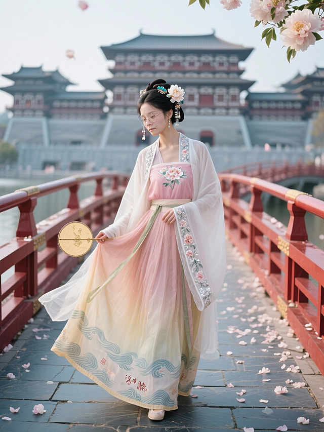工笔风与刺绣风交融，水彩质感的汉服在红桥上绽放柔美诗意，古典中式建筑为背景，花瓣飘落间尽显浪漫唯美的实景意境。