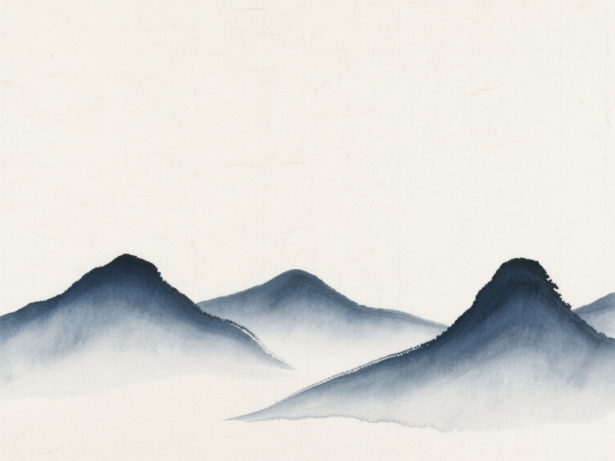 中国传统水墨画风格，淡雅意境的背景，画面底部是一排连绵起伏、线条柔和的远山剪影，采用深蓝色与浅灰色的渐变配色，山峰轮廓边缘有细腻的水墨晕染效果，背景底色为纯净的米白色，带有宣纸特有的细微纹理质感，整体画面简洁空灵，留白充足，营造出宁静悠远的东方禅意氛围，无任何文字和标识元素。预览效果