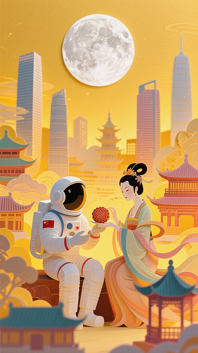 背景是一轮圆月，圆月居于画面正上方，画面中间是宇航员和嫦娥一起吃月饼，宇航员不佩戴任何国家的徽章，前景是古今建筑群，暖黄色调