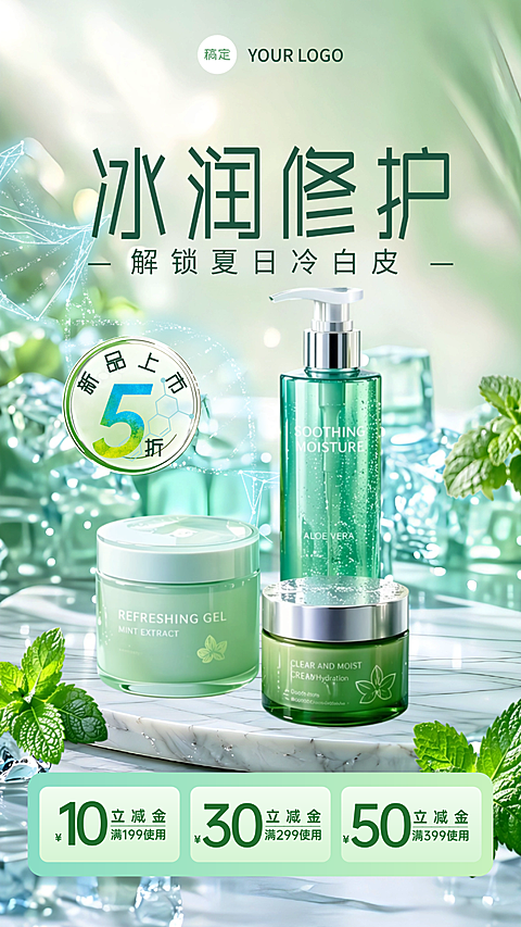 夏天活力绿色护肤冰块薄荷新品上市海报