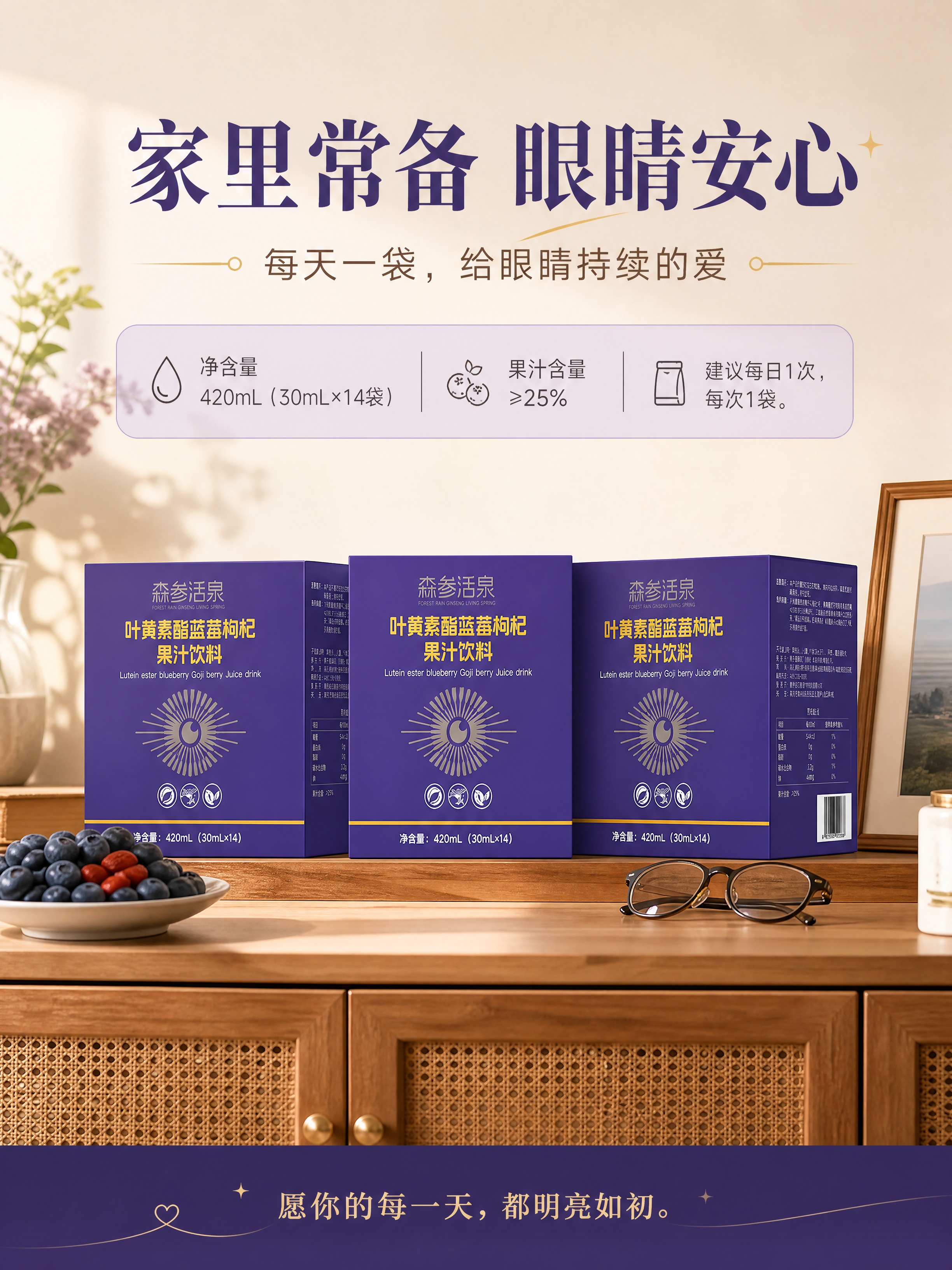 [商品] 使用【图1】森参活泉叶黄素酯蓝莓枸杞果汁饮料大包装盒… - 图片创意预览