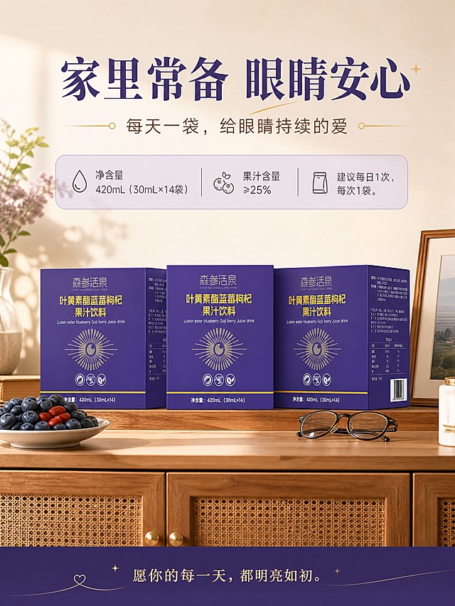 [商品] 使用【图1】森参活泉叶黄素酯蓝莓枸杞果汁饮料大包装盒；保留紫色包装、金色字体、Logo、净含量420mL(30mLx14)、营养成分表等所有包装文字信息；修复使其清晰可读。
[画面] 目标：规格信息+故事收尾，囤货场景。上文下图构图，下方是3盒产品整齐摆放在温馨的家居餐边柜上，旁边有蓝莓果盘和眼镜，营造家里常备的安心感。产品占画面50%。上方留白放规格信息。
[视觉] 套系策略：风格=治愈系故事感商业摄影；标题字=文艺衬线粗体；正文字=简洁无衬线体；主色=深紫+暖金；背景延展=基于深紫做渐变晕染、同色系深浅层次，搭配暖木色和米白；强调色=暖金色，仅用于小面积图标、引线和标题点缀；标题色=深紫色；正文色=暖灰棕；组件=圆角浅紫信息卡、细金线引线；光影=暖光侧照，温馨居家感。
[文字] 顶部主标题「家里常备 眼睛安心」，副标题「每天一袋，给眼睛持续的爱」。下方规格信息区：净含量420mL（30mL×14袋） | 果汁含量≥25% | 建议每日1次，每次1袋。底部温暖收束语：愿你的每一天，都明亮如初。文字横向排版。
[规格] 图片比例3:4竖版，4K分辨率，quality=medium。避免变形、错字、文字过小、医疗功效承诺、极限词。