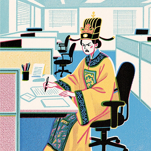 身着传统官服（类似古代官员服饰 ）的女人，头戴古典官帽，坐在现代办公椅上，面前是办公桌、纸笔等办公物品，身处现代办公室环境（有隔断、办公设备 ）。人物表情生气，用复古印刷网点质感，营造传统形象与现代办公碰撞的奇妙氛围，似展现古代角色处理现代工作的反差感 。