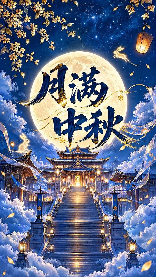将图中“月满中秋”四个字放大，保持原有的深蓝色鎏金书法字体风格、两行排版和金色飘带拖尾效果不变，字体位置仍居中位于月亮中央，放大后整体更醒目大气，其余画面元素（月亮、古建筑、玉兔、桂花、孔明灯、云海星空等）全部保持不变