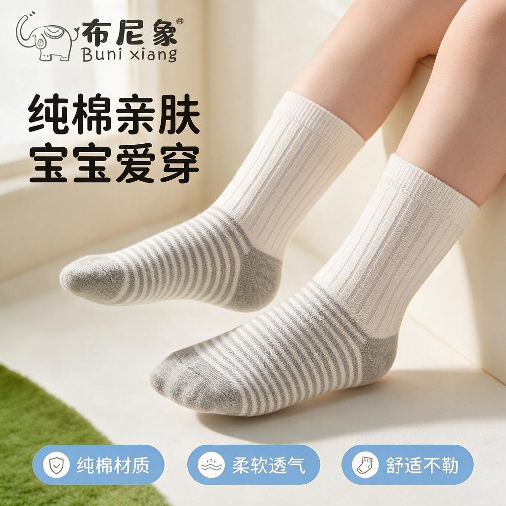 [主图-1] 儿童纯棉条纹中筒袜首图，突出纯棉亲肤舒适卖点，宝… - 图片创意预览