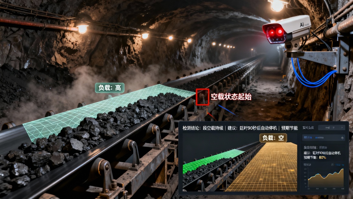 煤矿井下主运输巷道，光线昏暗，仅靠巷道顶部稀疏的矿灯提供照明，空气中飘浮着煤尘。一条宽大的黑色输送皮带在托辊架上延伸，画面左侧皮带上承载着乌黑的煤流，右侧皮带上则空空如也，清晰地呈现“负载”与“跑空”预览效果