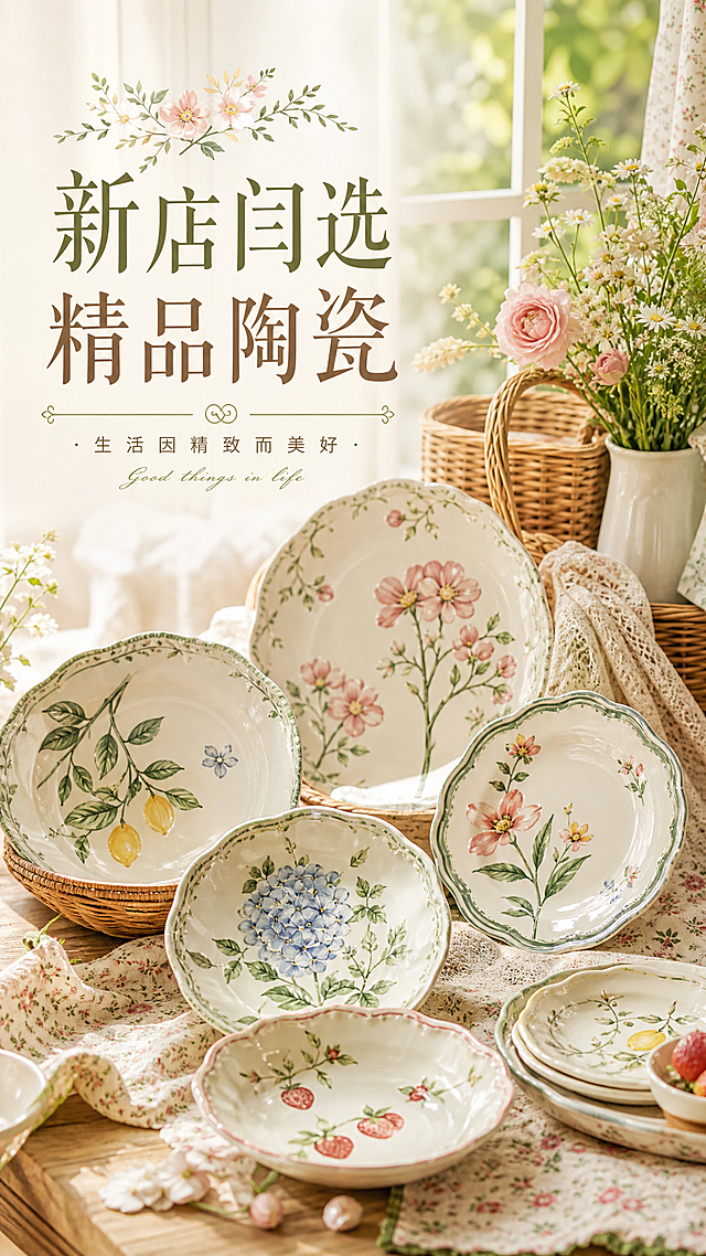 抖音竖版背景图，主题新店闫选精品陶瓷，展示手绘陶瓷餐盘，田园乡村风，碎花和藤编元素搭配，暖调自然光，文字"新店闫选 精品陶瓷"，温馨治愈