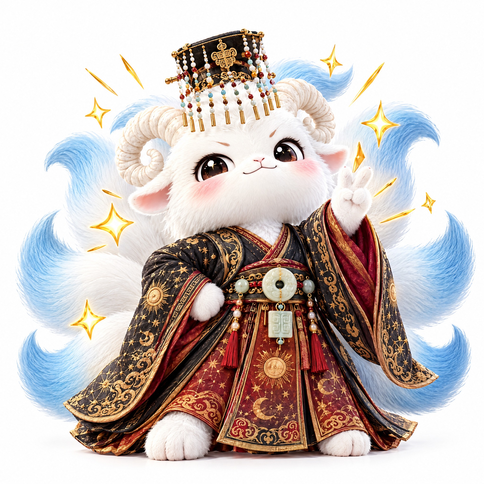 参考图中的白色九尾羊小神兽（羊角、九条蓝白渐变尾巴、白色毛绒质… - 图片创意预览