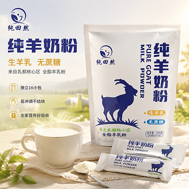 [主图-1] 纯羊奶粉首图 食欲感与品质感
[氛围风格] 天然纯净健康奶白色系 温暖阳光食品摄影风 高级简约
[画质] 商业摄影质感 光线柔和通透 产品清晰真实 画面干净高级 超高清细节
[元素] 画面右侧主体为纯田然纯羊奶粉大包装袋 正面完整展示 包装袋为白色底深蓝色羊图案与文字 保持产品外观（即物理结构、材质质感、颜色图案）与输入产品图一致 杜绝任何变形和色差 精细化处理 商品主体占比约65%。包装袋前方散落2-3条独立小包装奶粉条 斜向摆放增加动感。左侧前景放一杯冲好的羊奶 白色陶瓷杯 奶液呈温润乳白色 杯口有淡淡热气升腾 旁边放一把银色小勺 勺中有细腻奶粉。背景为浅米色干净台面 远处虚化的草原牧场剪影与蓝天 阳光从右侧洒入 营造天然牧场氛围。左上角放置纯田然品牌Logo 与产品包装上一致。画面满屏无边框。
[光影] 自然暖阳侧逆光 从右后方45度照射 奶液通透有光泽 奶粉颗粒细腻有质感 包装袋有柔和高光与自然阴影 整体光线温暖明亮 暗部有层次 无生硬反差
[配色] 主色奶白+深蓝 辅色浅金+草绿 温暖健康色调
[视角构图] 平视微俯视角 产品居中偏右 左文右图构图 景深中等 背景虚化突出主体
[文字版式] 左侧负空间左对齐排版 主标题大字"纯羊奶粉" 深蓝色粗体无衬线最大号 下方副标题"生羊乳 无蔗糖" 金色中等字号 再下方小字"来自乳都核心区 全脂羊乳粉" 深灰色小号。底部横向排列三个卖点图标+文字："独立16小包""易冲调不结块""全家营养好吸收" 图标简洁 文字清晰。文字均不遮挡产品主体。
[输出要求] 1:1比例 文字清晰可辨 超高清商业摄影质感
[负向提示词] 变形 文字错乱 产品图模糊 背景杂乱 水印 电商平台Logo 多余的手 畸形手