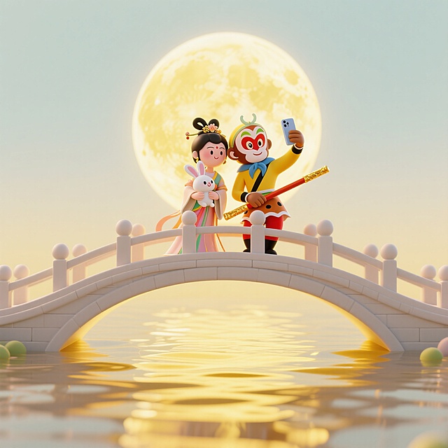 巨大的月亮悬挂在波光粼粼的金色水面中央，前景是嫦娥（手抱玉兔，仙女服装）和孙悟空（拿着金箍棒），拿着手机在一座桥上自拍（一起看镜头）。中心对称式构图，淡黄色调的天空背景，辉光效果