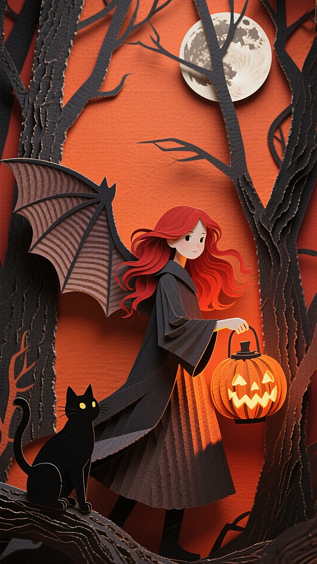 红发女孩穿着巫师袍，背后长着蝙蝠翅膀，手持南瓜灯笼在夜晚的森林中，背景是一只黑猫在月色下的树上静静的看着她。整体以橙红色为主色调，营造神秘充满万圣节童话氛围