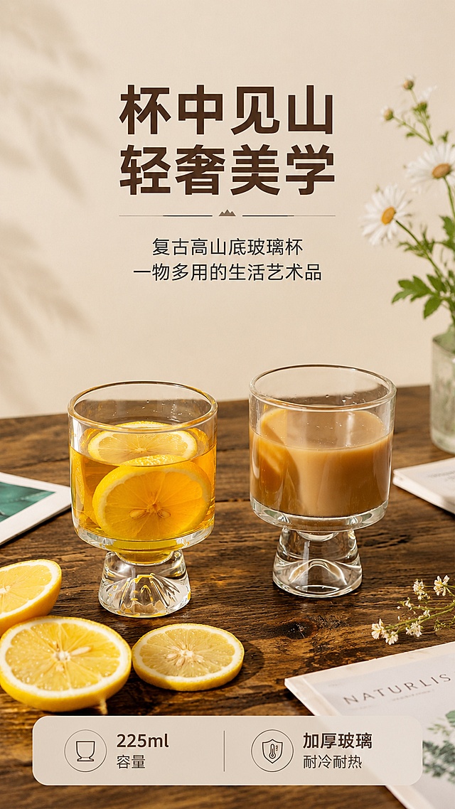 [第1屏] 详情页头图主视觉-复古高山底玻璃杯双款全貌展示海报。本屏使用【图1】作为商品主体，两款杯子（山峰底座款+雪山底座款）同框展示。
[氛围/风格] ins轻奢风，暖调治愈，商业摄影级通透质感，高级感满满。
[元素布局] 画面中央偏下位置摆放两款高山底玻璃杯，左杯盛柠檬茶、右杯盛咖啡，杯底山峰造型清晰可见；杯子占画面约55%；背景为浅米色墙面+深木桌台面，台面散落柠檬片、杂志、小花装饰；顶部留大面积标题区；杯身玻璃质感、杯底山峰造型、整体比例轮廓与输入产品图完全一致。
[光影质感] 左侧柔和自然光，右侧补光，杯身通透高光自然，底部柔和投影，整体明亮温暖有层次。
[配色色系] 全局底色 #F5F0E8（浅米杏色）；主色透明玻璃+暖木色；辅助色柠檬黄、奶咖色、墨绿色点缀。
[视角构图] 正面微俯视45°角，产品为视觉中心，阅读动线顶部标题→中部产品→底部信息条。
[文字版式] 顶部大标题「杯中见山 轻奢美学」，副标题「复古高山底玻璃杯 一物多用的生活艺术品」；底部信息条左侧「225ml 容量」，右侧「加厚玻璃 耐冷耐热」；文字采用无衬线黑体，主标题深棕色，正文深灰色，不遮挡杯身。
[比例分辨率] 9:16竖版比例，4K分辨率，文字清晰可辨，高清画质。
[负向提示词] 杯身变形，杯底造型错误，缺件错件，颜色偏差，水印，文字错乱，文字过小，产品图模糊，背景杂乱，玻璃发乌不透。