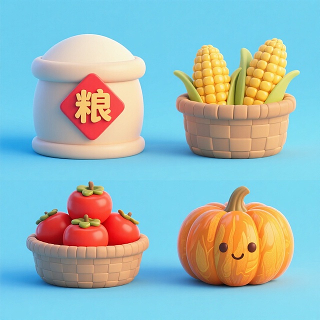 4个中秋素材组合，可爱电商促销感。素材包括：第一个粮仓（贴着带有 “粮” 字的红色菱形福字）；第二个一筐玉米；第三个一筐柿子；第四个南瓜。画面整体呈现鲜艳效果，淡蓝色背景。上下两行，排列整齐